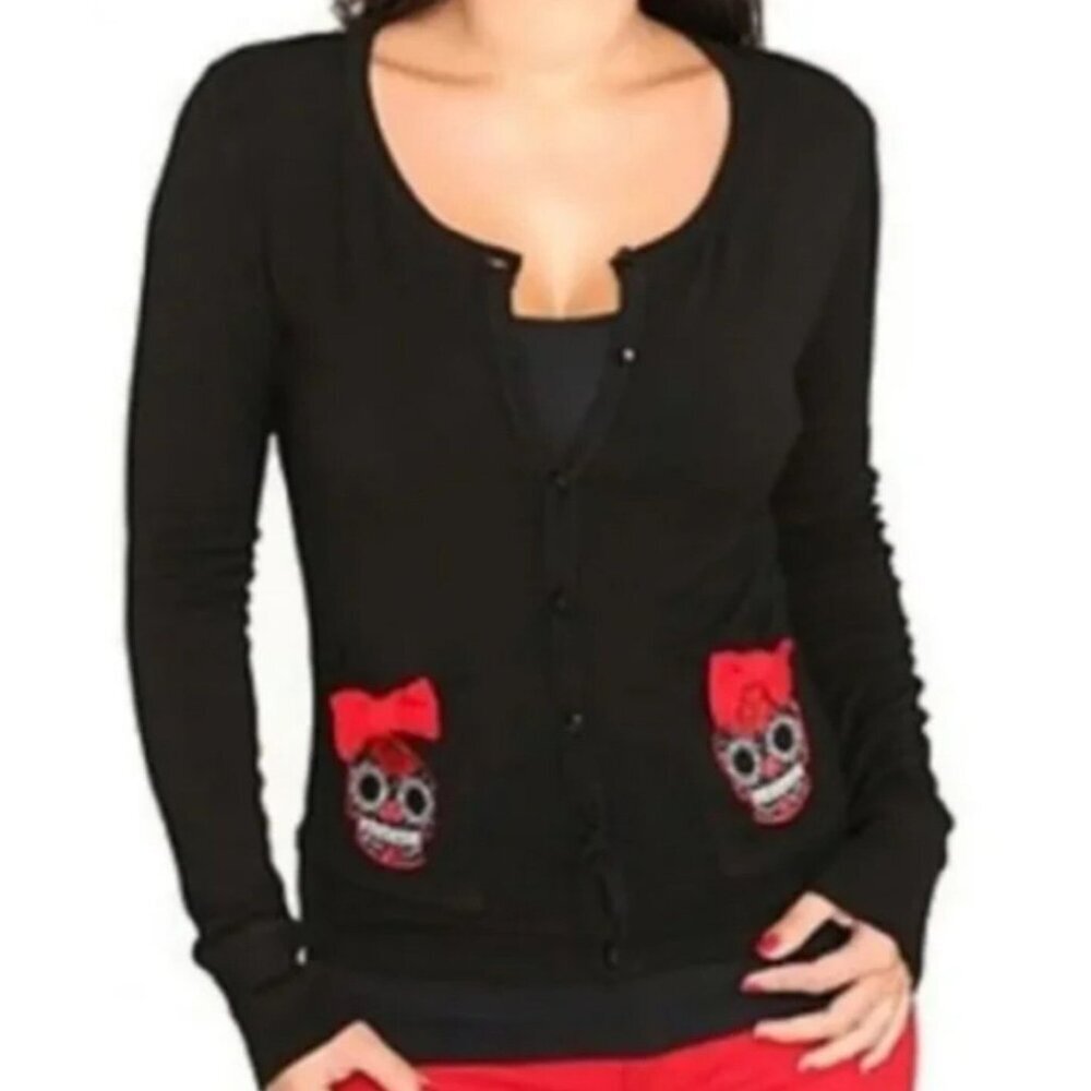 Too Fast Cardigan Womens XL Sugar Skull Bow Embroidery Stretch Witchy Retro Twee